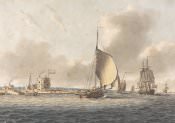 John Cleveley the younger, *An English Frigate and Other Shipping in the Solent off Calshot Castle*, undated, watercolor and pen and gray ink