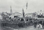 Public school cadets drawn up in front of the Queen Victoria statue to salute the flag on Empire Day, May 24, 1907, in Victoria Square