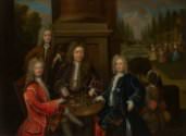 Unknown artist], *Elihu Yale seated at table with the Second Duke of Devonshire and Lord James Cavendish*, c. 1708, oil on copper