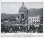 "In Memoriam, Victoria the Good": statue of Queen Victoria with wreaths, March 1901.