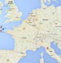 Map of the sale and exhibition locations for the sixth version of *The Greek Slave*, 1866. Google map of Europe with annotations by Sarah Kraus. Map data © 2016 Google