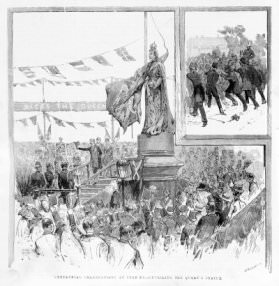 "Centennial Celebrations at Sydney— Unveiling the Queen’s Statue": unveiling by Lord Charles Robert Carrington, Governor of New South Wales, and Lady Carrington, on January 24, 1888.