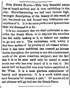 “The Greek Slave,” *Louisville Daily Journal*, January 16, 1849, 3.